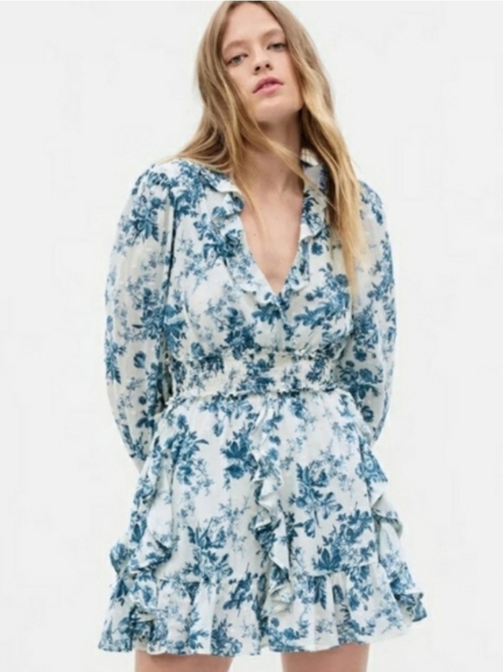 LoveShackFancy x Gap Women’s Blue/White Floral V-Neck Ruffle Mini Dress L